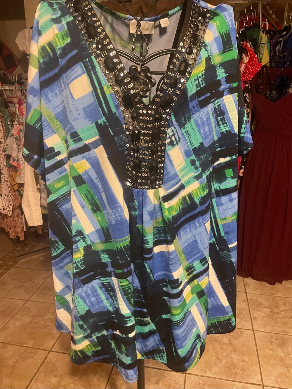 Avenue Beaded V-Neck Tunic in Blue and Green Abstract Print